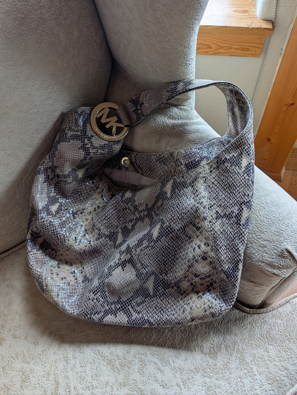 Michael Kors Snake-Print Shoulder Hobo in Gray and Cream